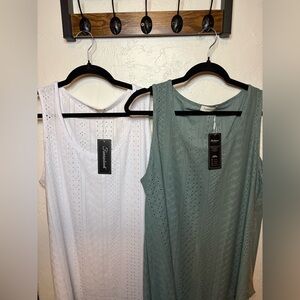 Fantaslook Eyelet Sleeveless Tops – White & Sage Green – Size XL – NWT 🌿